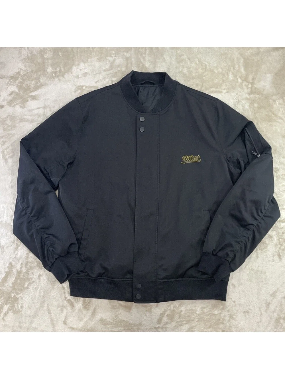 Saint Morta Full-Zip & Snap Black Bomber Jacket Gothic Logo Mens Size L *FLAW*
